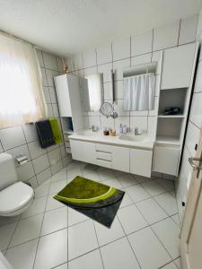 瓦尔斯Maisonette Franz的浴室配有卫生间,地板上铺有绿色地毯。