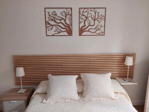 潘普洛纳Ibarrenea Apartamento的卧室配有一张墙上有两张照片的床。