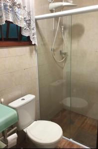 帕蒂杜阿尔费里斯Casa de campo com piscina em Paty do alferes的一间带卫生间和玻璃淋浴间的浴室