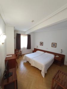 塞哥维亚Hotel ELE Acueducto的卧室配有一张白色的大床,铺有木地板