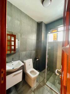 姆万扎Cozy Private Apartments with beautiful view of Lake Victoria的浴室配有卫生间、盥洗盆和淋浴。