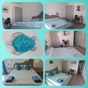 萨尔雷B&B Sereia Azul Boa Vista的一张四幅图画的拼合画,卧室配有一张海龟床