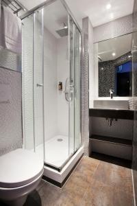 里昂里昂佩拉什萨伏依酒店的带淋浴、卫生间和盥洗盆的浴室