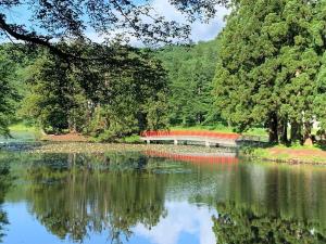 南鱼沼市Koguriyama Sanso - Vacation STAY 43377v的享有湖泊、桥梁和树木的景致