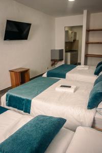 杰里科Hotel Santa Laura的酒店客房,配有3张带绿色枕头的床