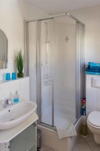 梅森Gästehaus Bechtloff的带淋浴、盥洗盆和卫生间的浴室