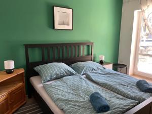包道乔尼托毛伊Patent, your home in Badacsony的一间卧室配有一张带蓝色床单和枕头的床。
