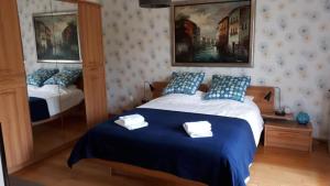 洛特河畔的维伦纽夫Aux Trois Mûriers的一间卧室配有一张带蓝色和白色枕头的床
