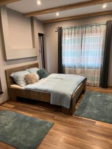 米什科尔茨Anita Apartman Miskolctapolca的一间卧室配有一张床,窗户铺有地毯。