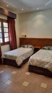 埃尔沃尔坎Hotel El Volcán的一间卧室设有两张床和窗户。