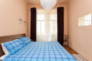 布拉格Andrews Centre Apartment的一间卧室配有一张带蓝色床单的床和一扇窗户。
