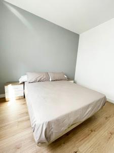 圣地亚哥－德孔波斯特拉Apartamento San Isidoro的卧室配有白色的床,铺有木地板