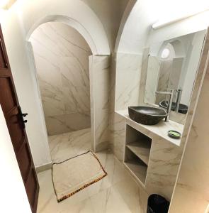 阿西尼African Queen Lodge的一间带水槽和镜子的浴室