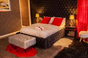伯明翰Opulent 1 Bedroom Cosy Suite的一间卧室配有一张带红色枕头的大床