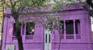 门多萨Windmill Hostel的紫色的房子,前面有一棵树