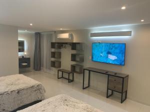 阿瓜斯卡连特斯LA GRANDE MAISON的一间卧室设有两张床,墙上配有电视。