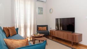 塞萨洛尼基Αριστοτέλους Comfy Apt.的客厅配有蓝色的沙发和平面电视。