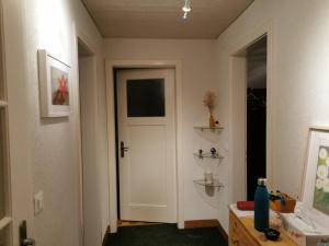 穆尔滕Appartement de 3 pièces, dans la maison familial à Morat-Murten, Fribourg-CH的一条带白色门和绿色地毯的走廊