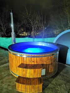 舒加塔格盐矿镇Pensiunea Mariana的夜间带蓝色顶的木制热水浴池