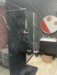 科隆别索尼约Studio Cosy tt confort proche aéroport的浴室设有黑色瓷砖墙和水槽。