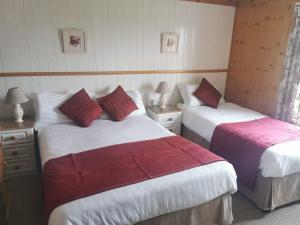伦维尔The Olde Castle B&B的一间卧室配有两张红色和白色床单