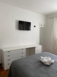 莫利纳迪莱德罗Appartamento Aurelia的一间卧室配有一张带书桌和电视的床。