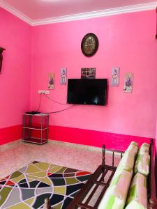 巴西富地Homestay TokAbah的一间设有粉红色墙壁、电视和沙发的客房