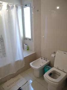 门多萨Buenaventura Apartment的一间带卫生间、水槽和窗户的浴室
