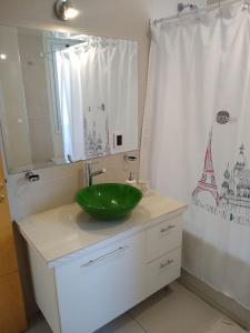 门多萨Buenaventura Apartment的浴室设有绿色水槽和浴帘