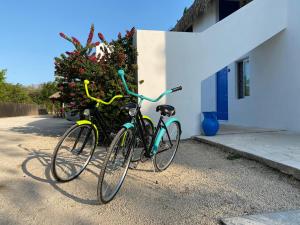 巴卡拉尔Posada Mykonos的两辆自行车停在大楼旁边