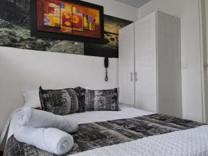 通哈Hotel Casa Loma的卧室配有一张床,墙上挂有绘画作品