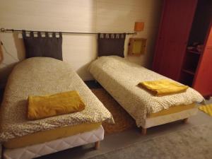 OisselBungalow la Bohémienne的两张睡床彼此相邻,位于一个房间里