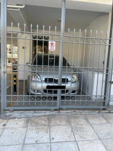 雅典Ageliki's Athens Apartment的停在门后车库的汽车