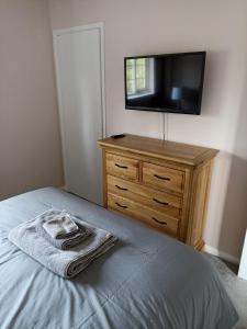比勒瑞卡Froden Court的一间卧室配有一张床和一个带电视的梳妆台