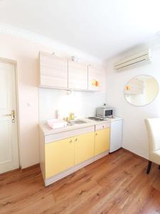 杜布罗夫尼克Apartments Dabar的一间带水槽和微波炉的小厨房