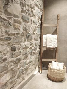哈尔布莱希Landhaus im Allgäu的一间带石墙、梯子和毛巾的浴室