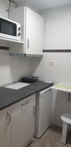坎加斯-德奥尼斯费尔明住宿旅馆的厨房配有白色橱柜和微波炉
