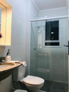 乌巴图巴Apt Familiar-Condomínio fechado UBATUBA的一间带卫生间和玻璃淋浴间的浴室