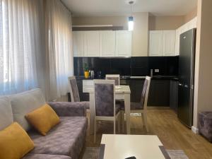 地拉那Tirana New Bazaar- Apartment no-1的带沙发和桌子的客厅以及厨房。