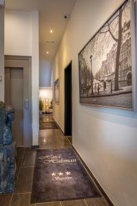 法尔肯堡哈尔斯曼酒店的墙上有画作的走廊和地板上的地毯