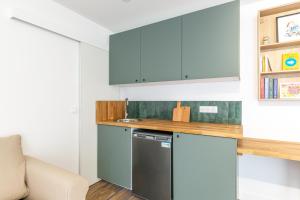 叙雷纳Suite的厨房配有蓝色橱柜和洗碗机。