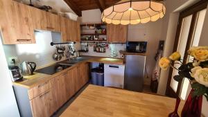 Villar PelliceIndependent chalet with breathtaking view的厨房配有木制橱柜和不锈钢用具