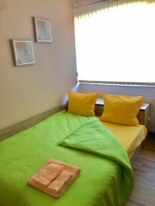 VratsaComfort Luxury Apartments的一张带两个枕头的绿床和毛巾