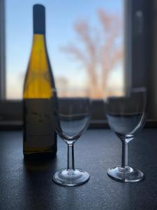 希科尔皮诺夫西NM Residence的桌子上放有一瓶葡萄酒和两杯酒