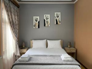 戈里察Vila A Hotel的卧室配有一张墙上三幅画作的床