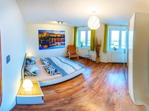 布拉格波德西克罗温公寓的一间卧室设有一张大床,铺有木地板