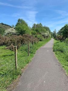 特里迪格Cosy, dog friendly house on the fringe of the Brecon Beacons的田野旁一条带围栏的土路