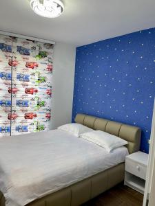 巴亚马雷Piso Moderno -Baia Mare的一间卧室配有一张蓝色墙壁的床