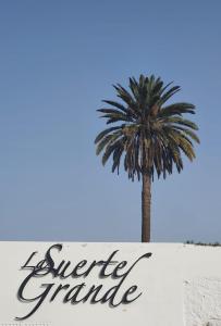 特尔德Finca La Suerte Grande的白色墙壁上带有标志的棕榈树