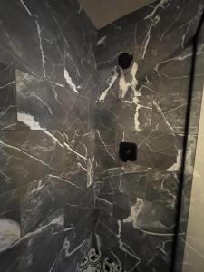 卡纳布The Kanab Lodge的设有带黑色和白色大理石淋浴的浴室。